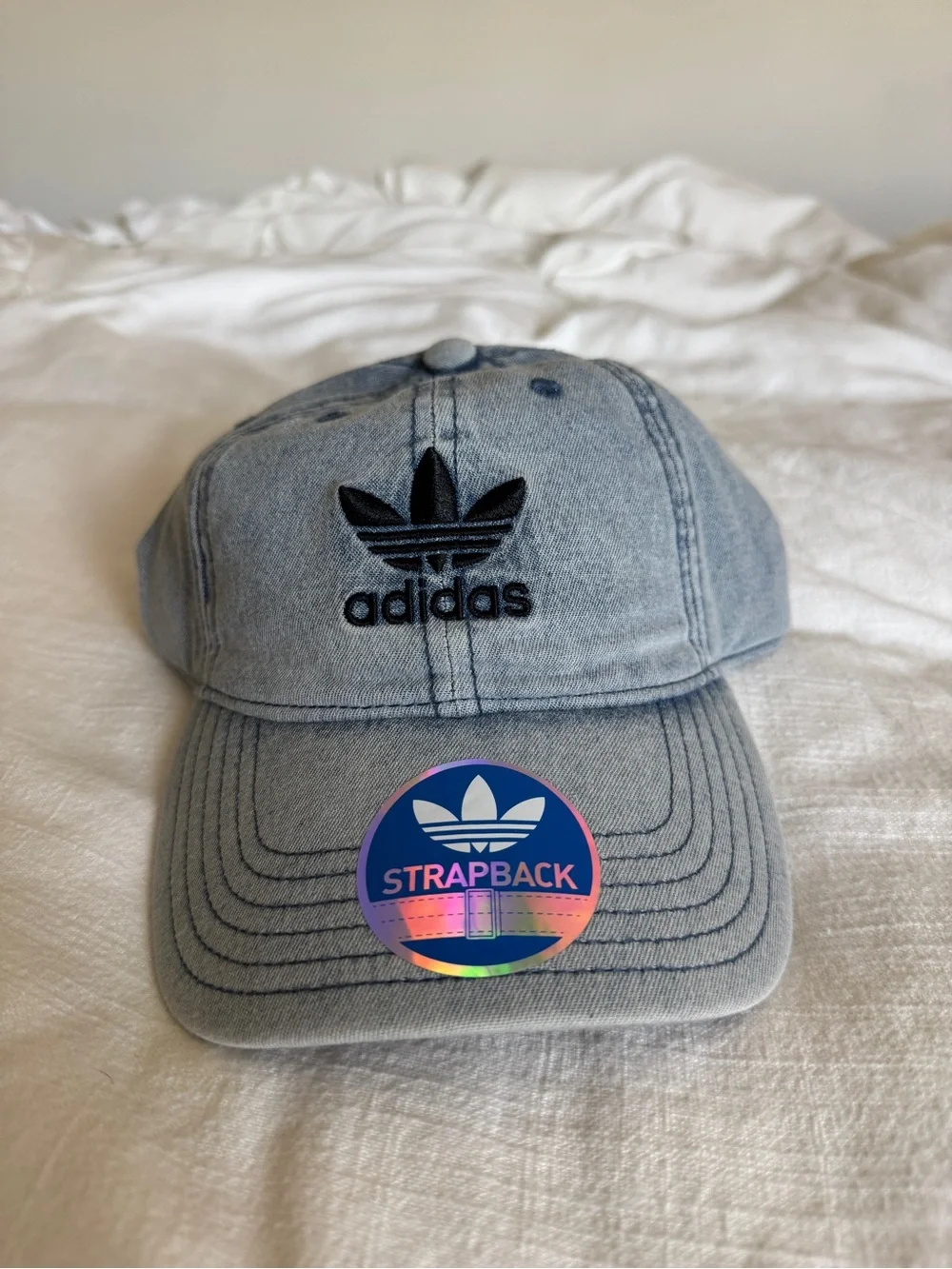adidas embroidered trefoil Strapback cap in light wash denim NWT